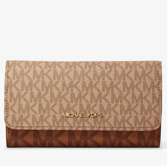 Michael Kors Jet Set Travel Large Trifold MK Signature Wallet Camel Brown