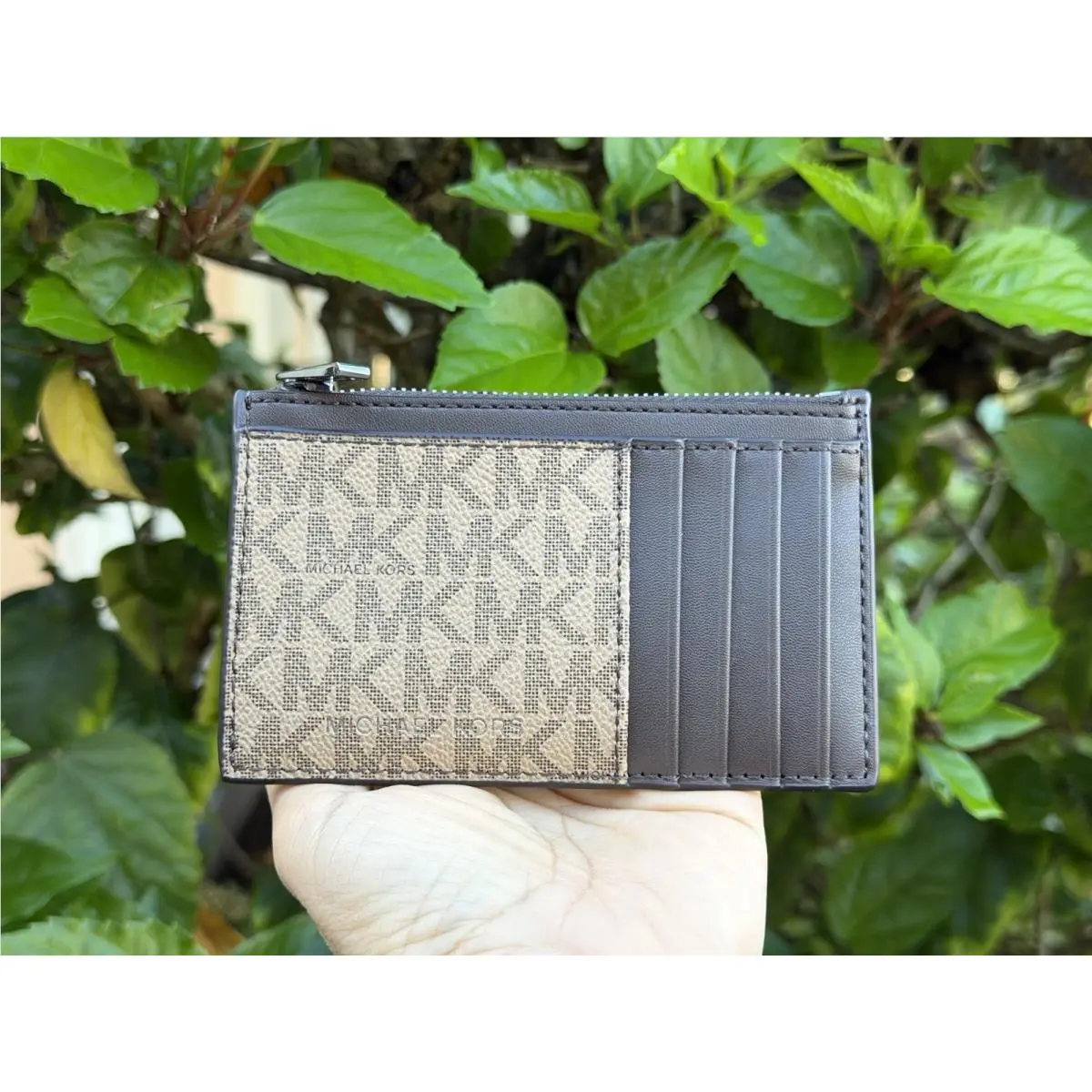 Michael Kors Jet Set Cooper Slim Top Zip Card Case Wallet MK Camel Multi