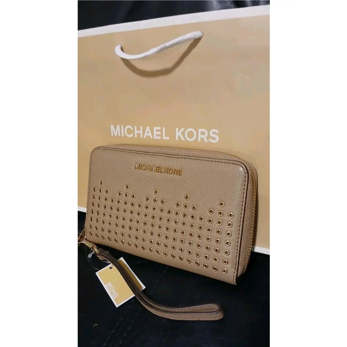 Michael Kors Hayes Large Flat Phone Case Wallet Leather Dark Khaki