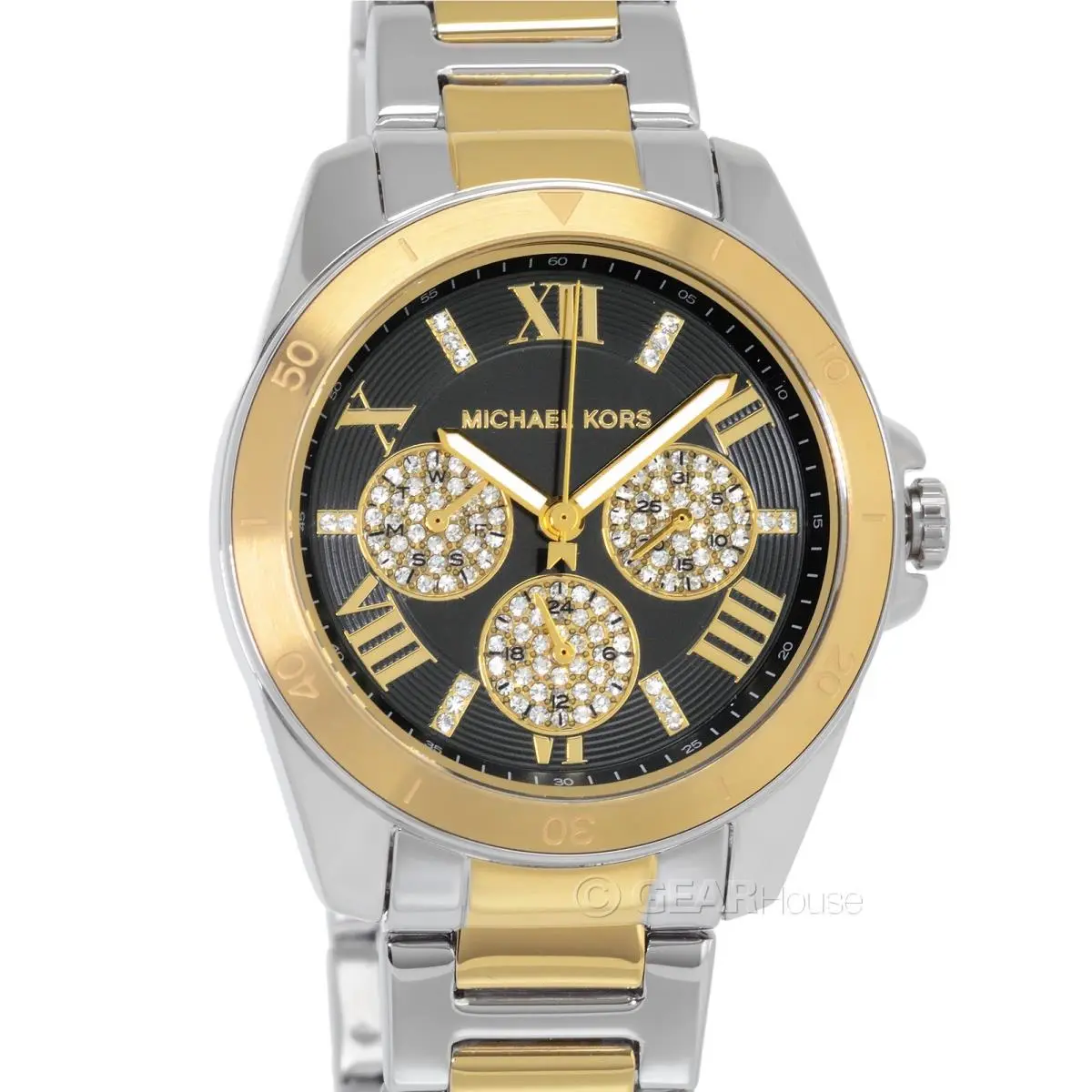 Michael Kors Alek Womens Pave Crystals Watch Black Dial Two Tone Gold Silver