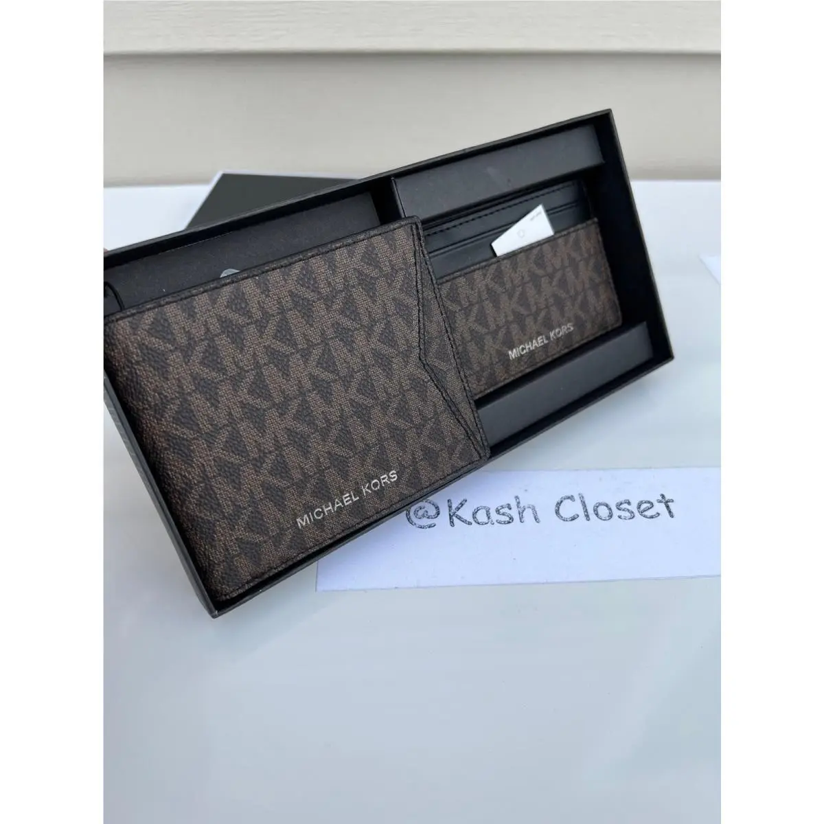 Michael Kors Mens Wallet Card Case Box Set MK Signature Brown