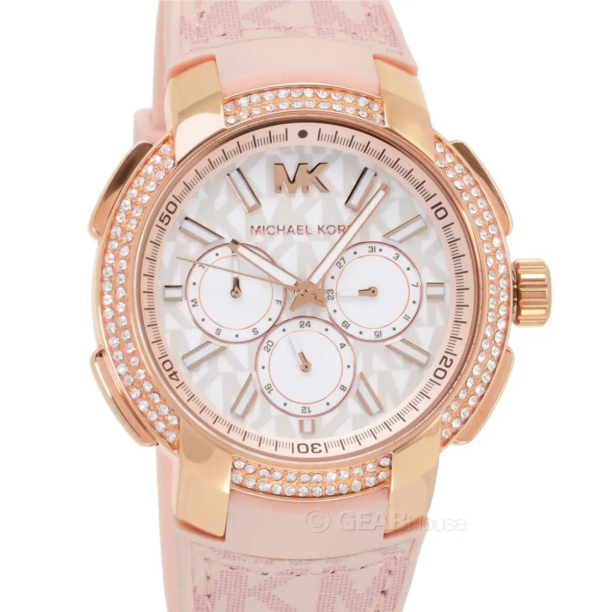 Michael Kors Womens Oversize Sidney Pave Rose Gold Watch MK Logo Pink Pvc Band