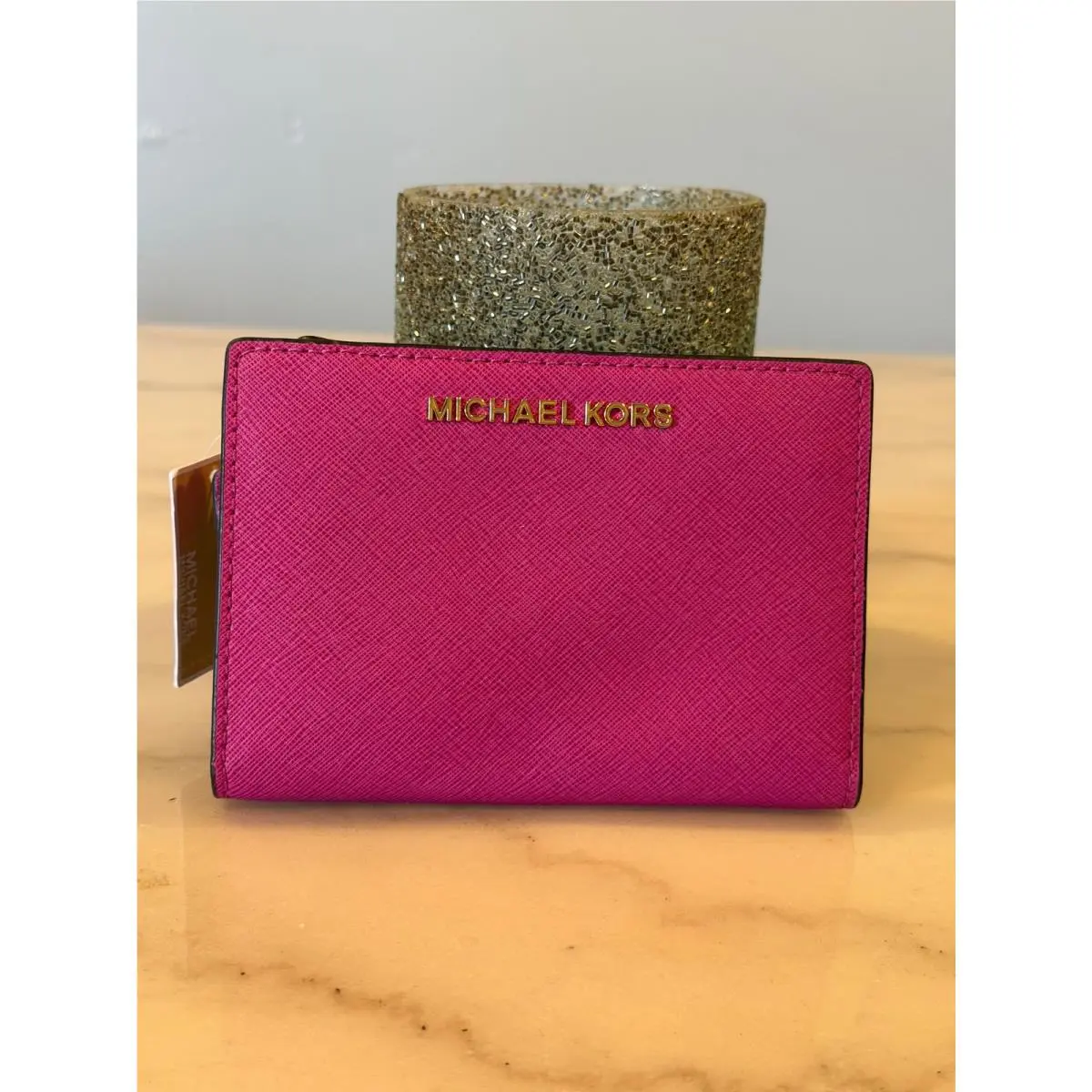Michael Kors Jet Set Travel Card Case Medium Wallet Fuchsia Saffiano Leather