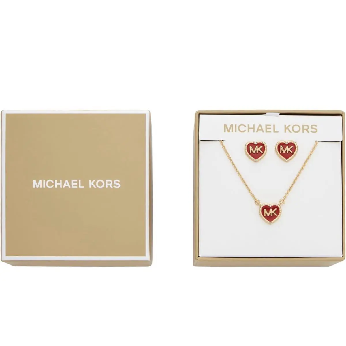 Michael Kors Heart Logo Red and Gold-tone Brass Necklace and Earrings Gift Set