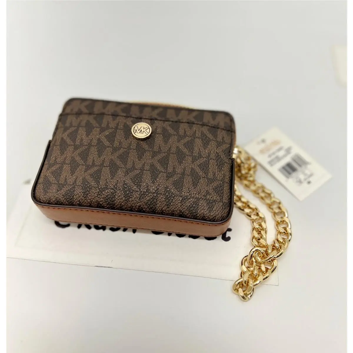 Michael Kors Medium Logo Zip Chain Card Case Wallet Brown