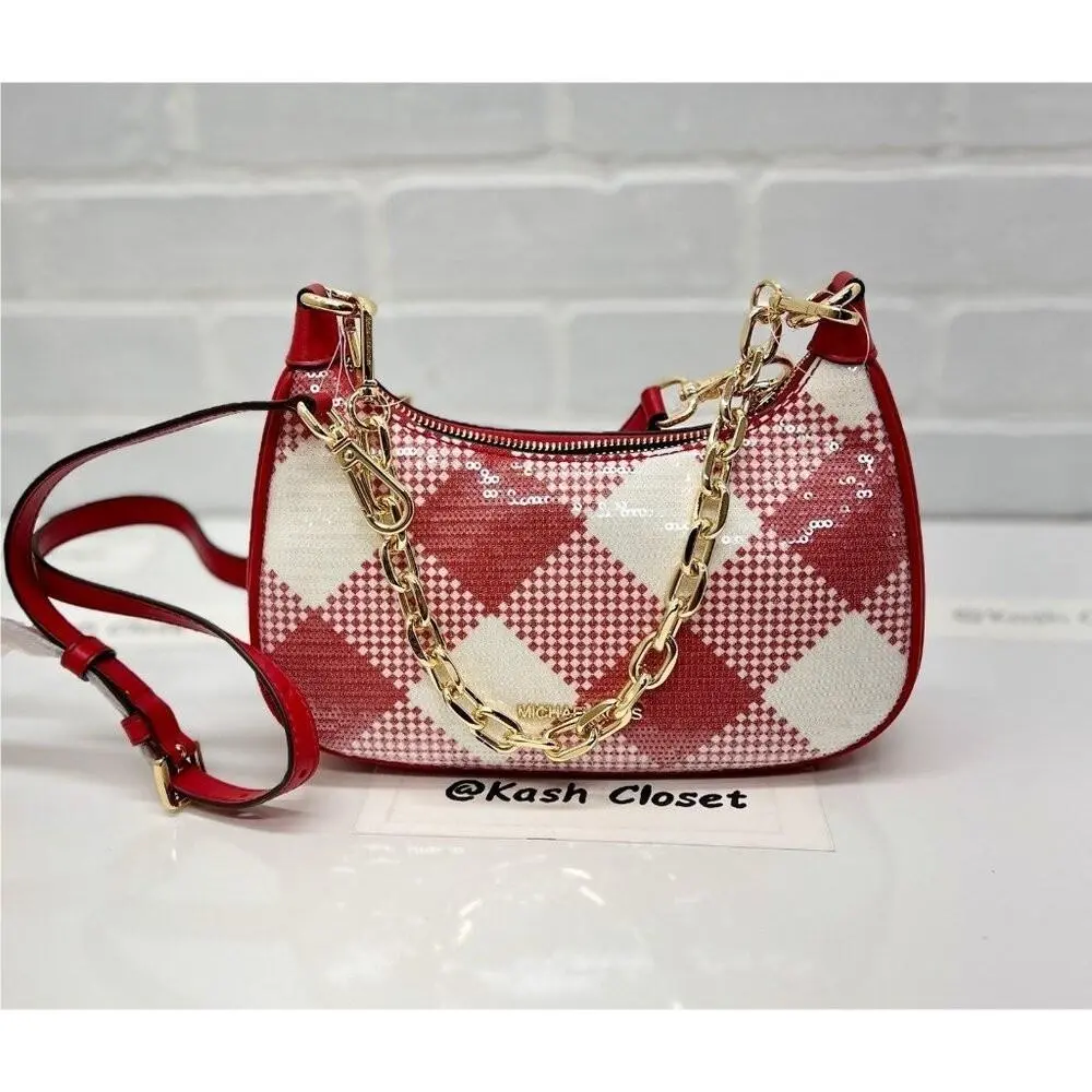 Michael Kors Shoulder Bag Cora Sequence Plaid Medium Purse Crossbody Bright Red