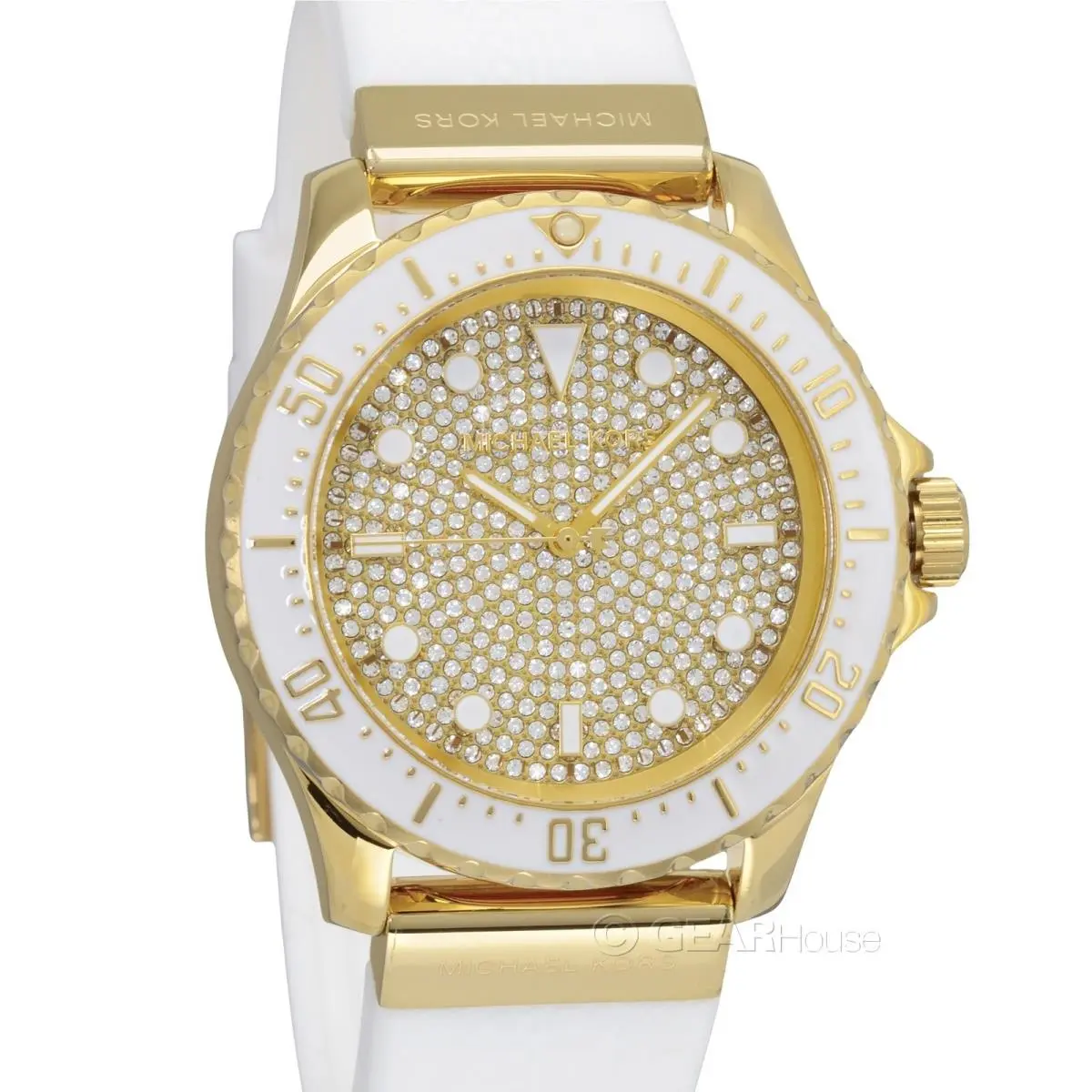 Michael Kors Womens Oversize Everest Pave Crystals Gold Watch White Silicone