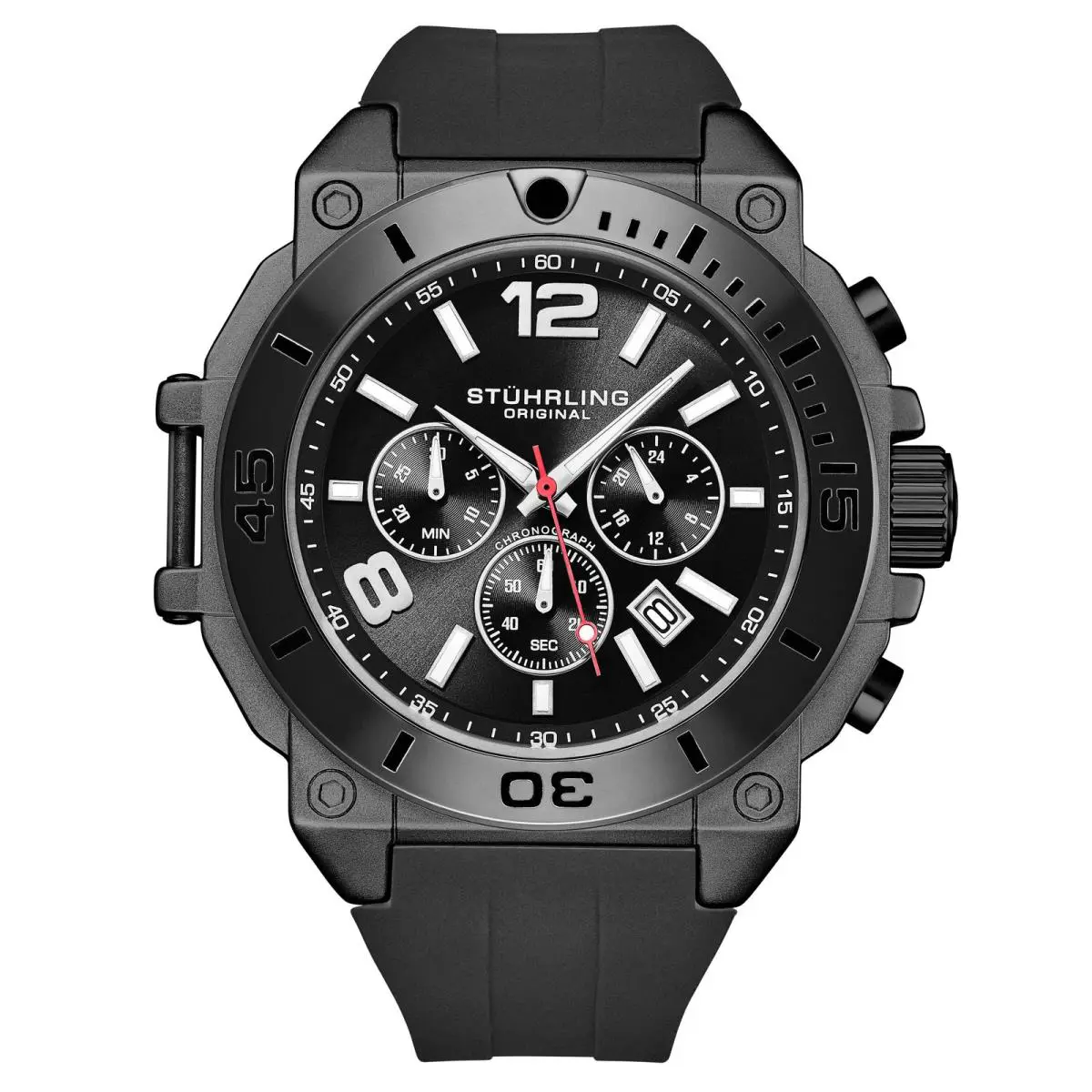 Stuhrling Spectra 50mm Japanese Quartz Chronograph Black/silicon Black Dial Wristwatch 4