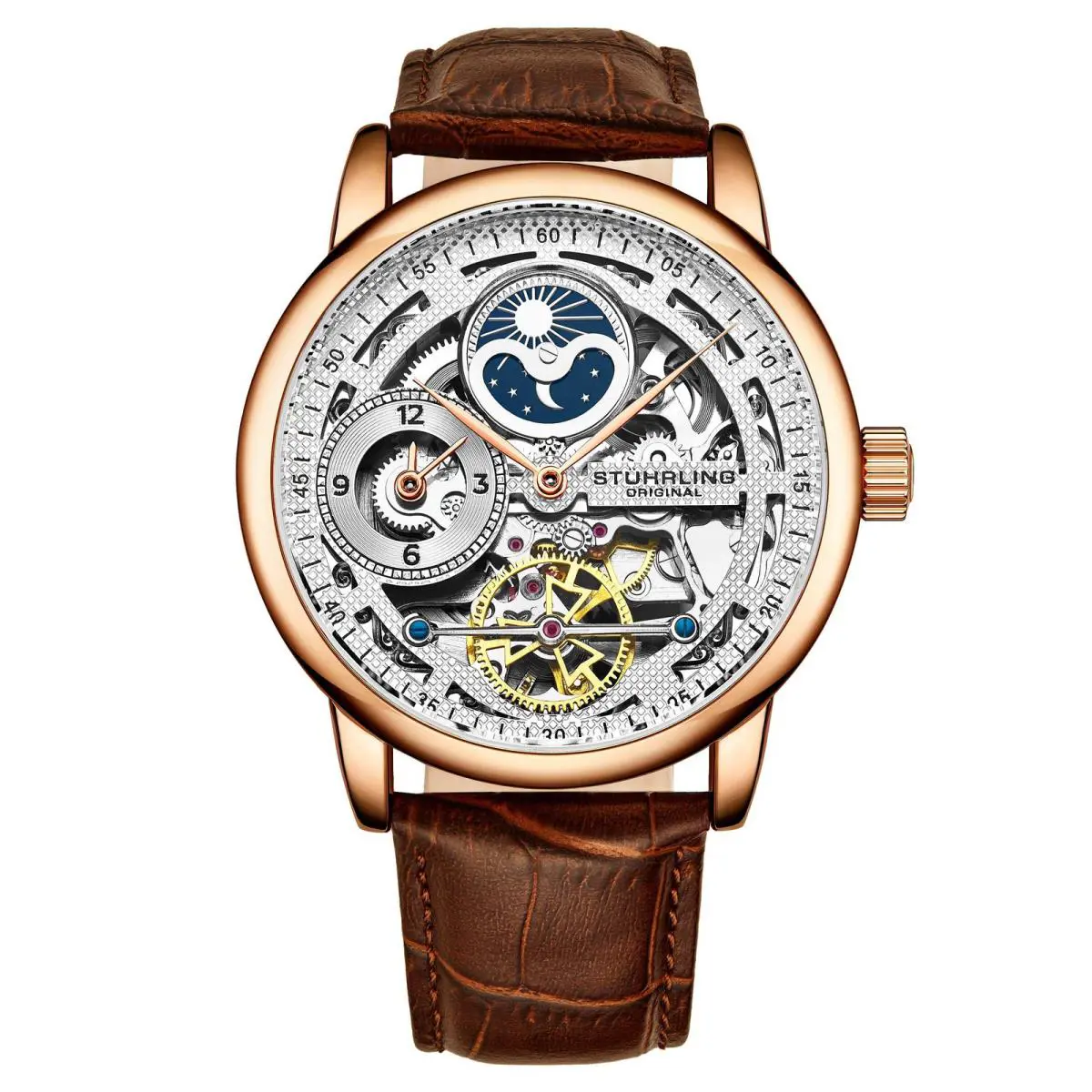 Stuhrling Legacy Brown/leather/silver Dial/rose Case 3917.3 Silver Dial Wristwatch 3917