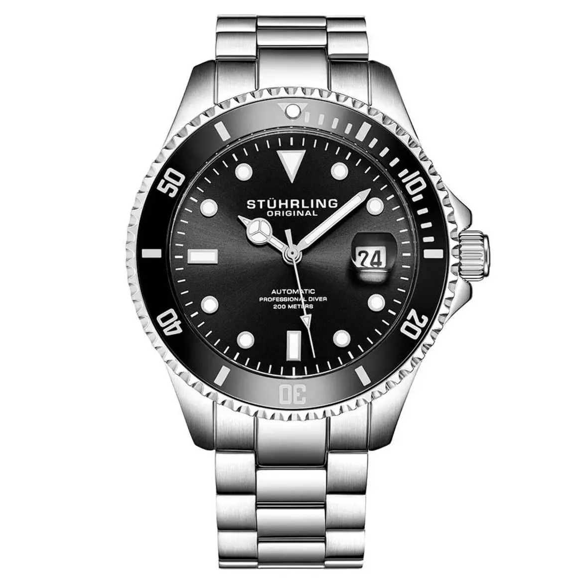 Stuhrling Aquadiver Black Dial/ Silver Stainless Steel Black Bezel Black Dial Wristwatch