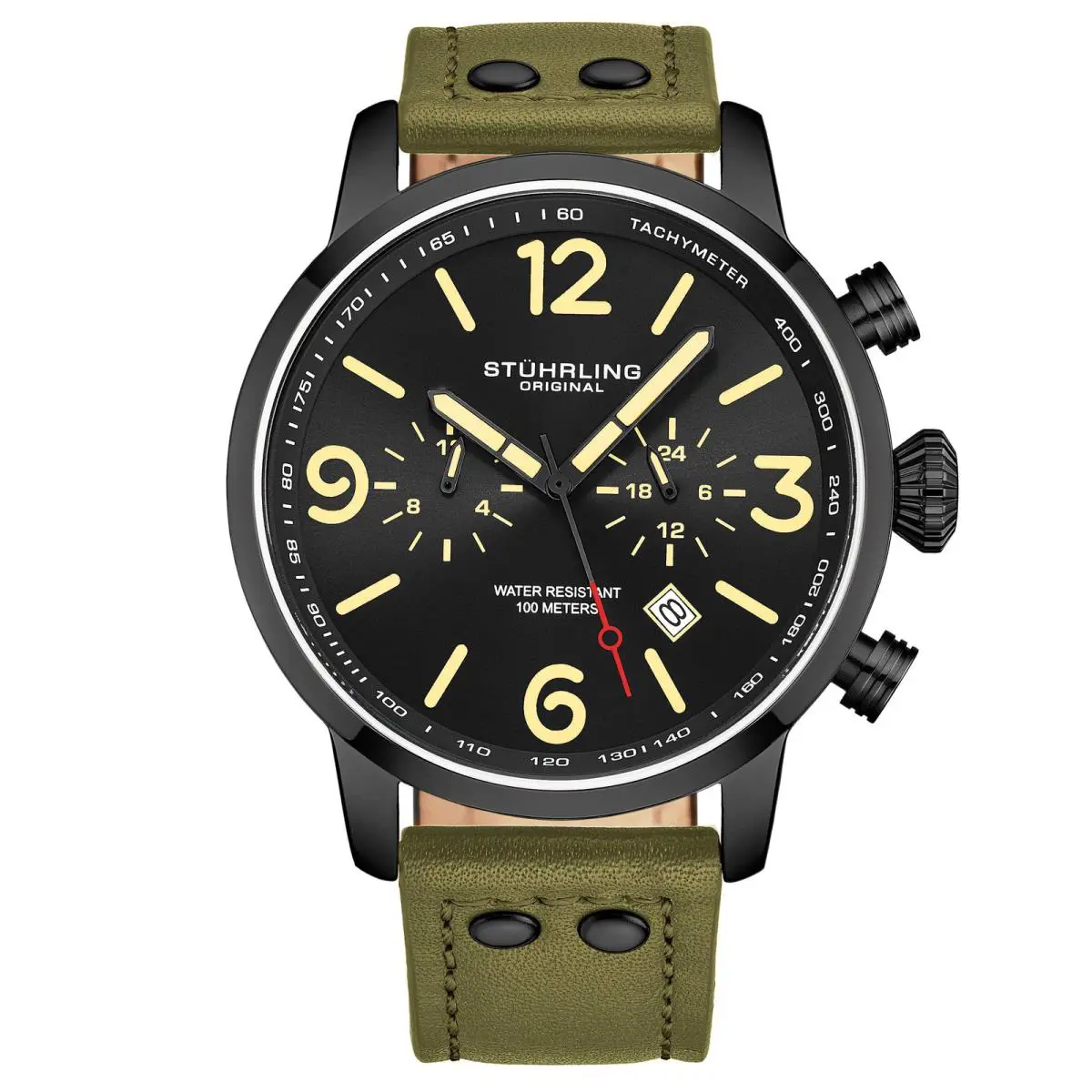 Stuhrling Aviator Green / Leather Black Dial Wristwatch 3956.5