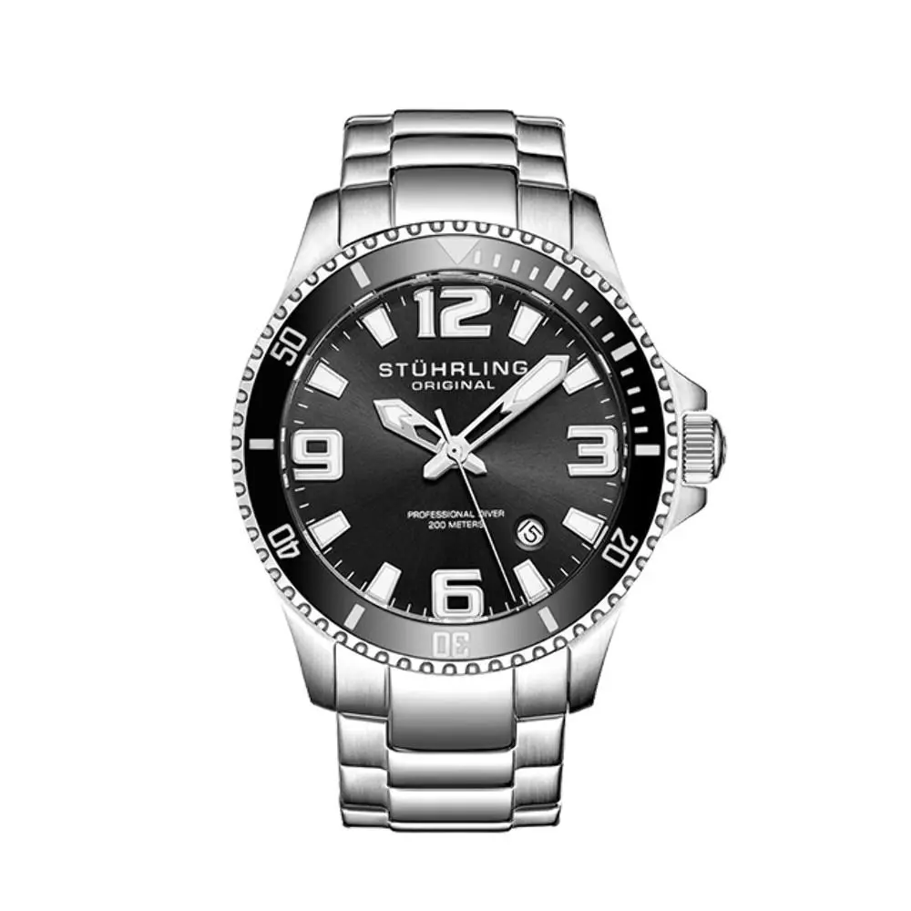Stuhrling Aquadiver Silver/stainless Steel/black Dial/silver Black Dial Wristwatch 395.3