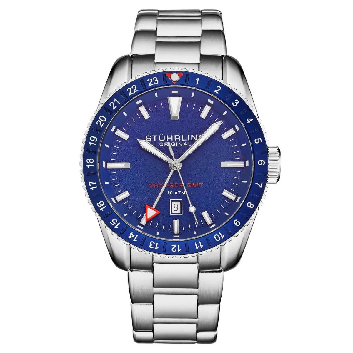 Stuhrling Voyager Gmt 4017.2 Quartz Gmt 42mm Diver Silver/stainless Steel Blue Dial Wris - Dial: Blue, Band: Silver