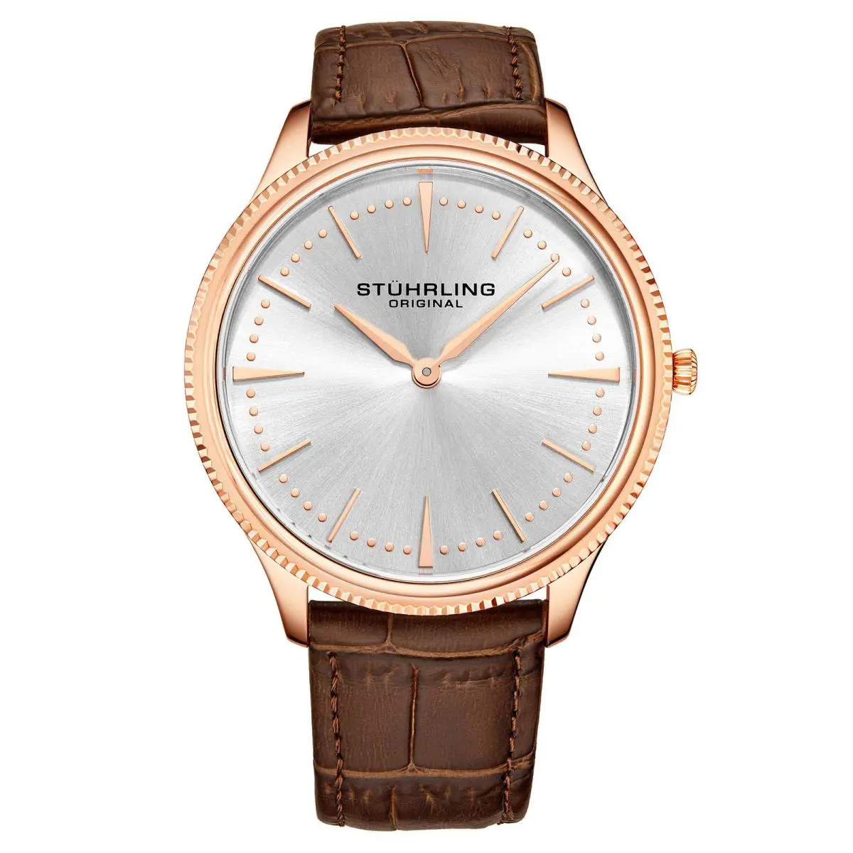 Stuhrling Symphony Brown/leather/silver Dial/rose/rose Case Silver Dial Wristwatch 3984
