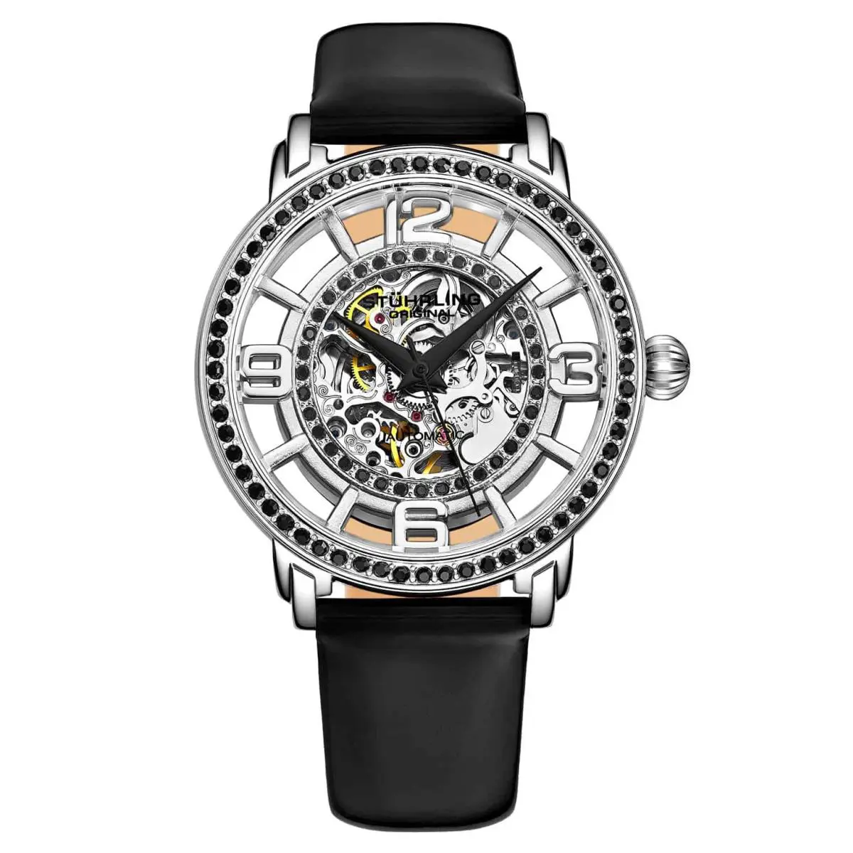 Stuhrling Legacy Silver Dial/ Black Leather/ Skeleton Silver Dial Wristwatch 777.04