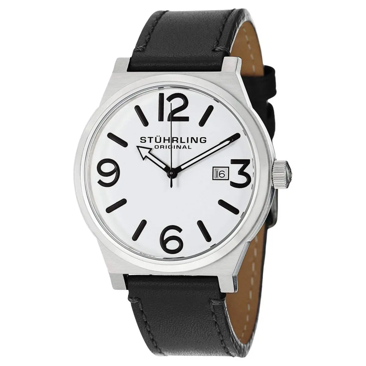 Stuhrling Aviator Black/leather/white Dial/silver Case White Dial Wristwatch 454.33152