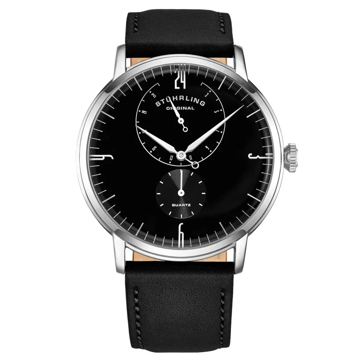 Stuhrling Symphony Black/leather/black Dial/silver Case 3969.3 Black Dial Wristwatch 396