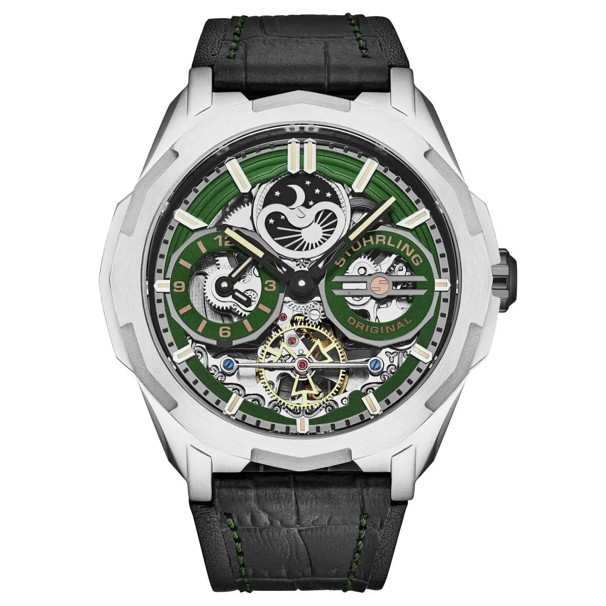 Stuhrling Dual Time Automatic Navigator 46mm Skeleton Green/leather Green Dial Wristwatc