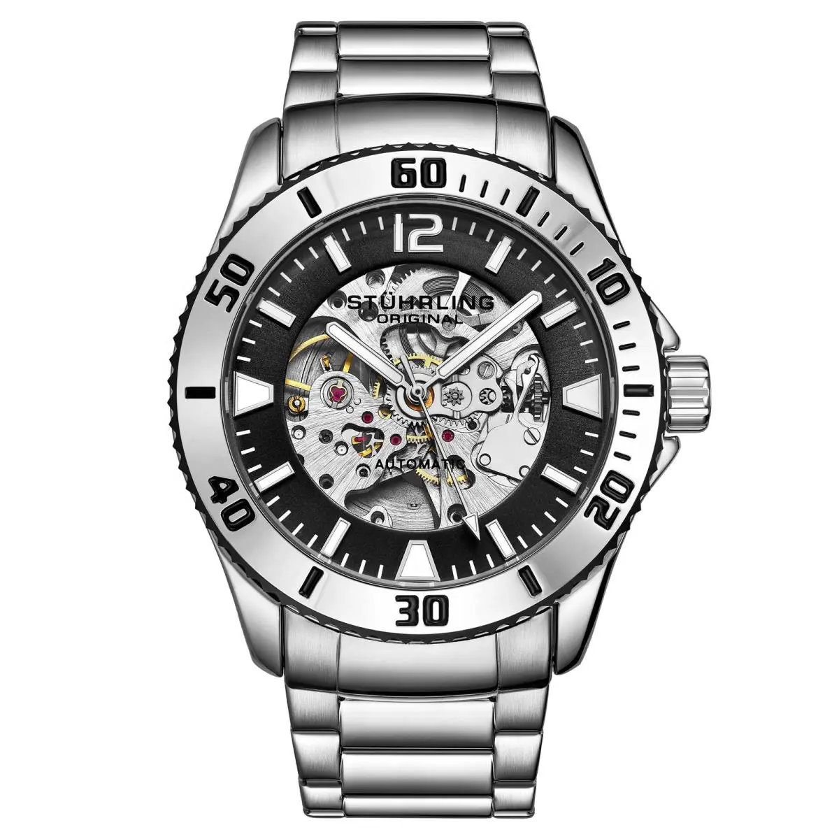 Stuhrling Aquadiver 3963 Silver Case/stainless Steel Strap/ Brass Dial Black Dial Wristw