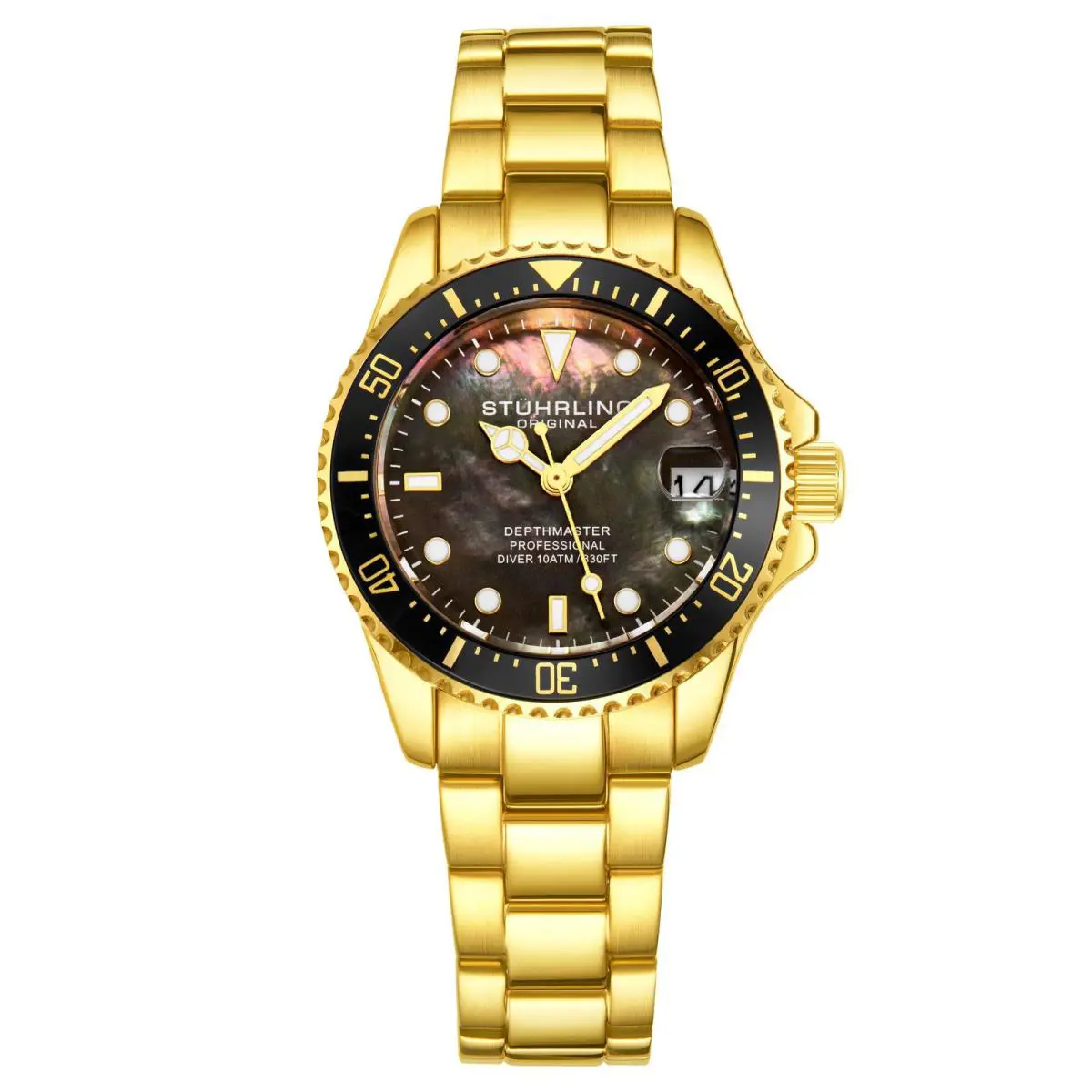 Stuhrling Vogue Gold Stainless Steel Black Dial Wristwatch 3950L.4 - Dial: Black, Band: Gold