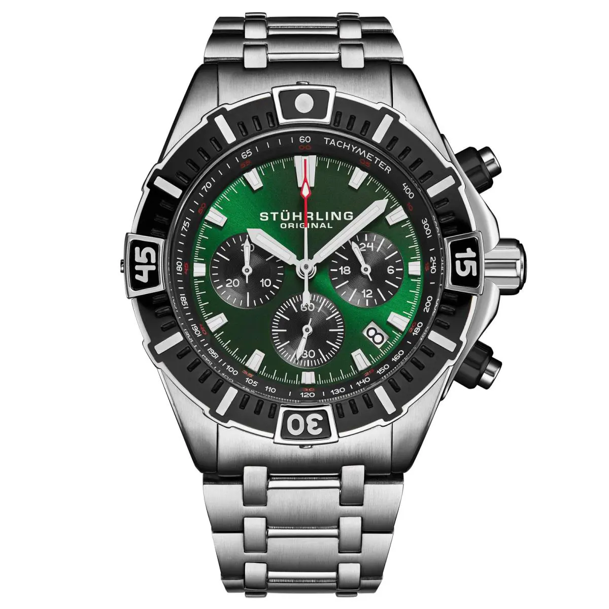 Stuhrling Stellar 44mm Japanese Quartz Chronograph Green/stainless Steel Green Dial Wris - Dial: Green, Band: Silver