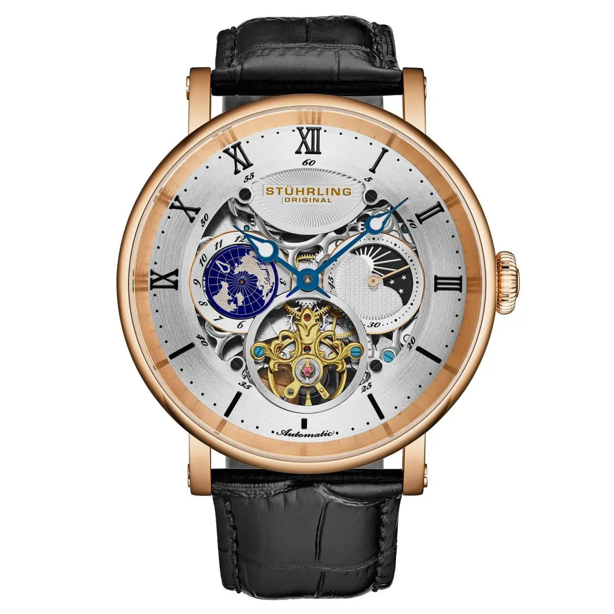 Stuhrling Dual Time Automatic Majestic 47mm Skeleton Rose/black Silver Dial Wristwatch 1