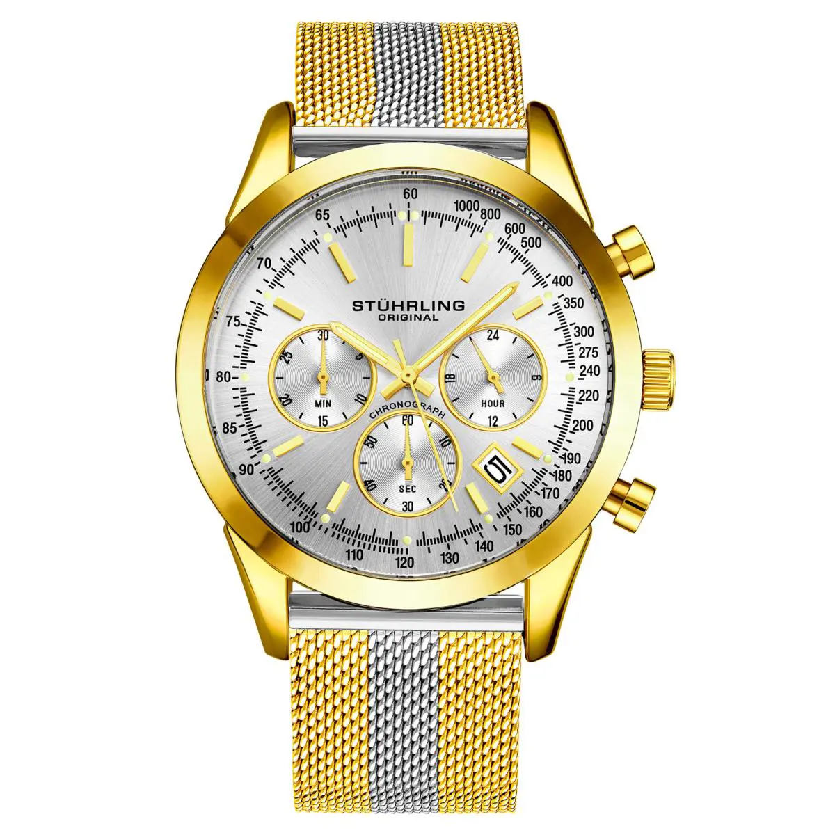 Stuhrling Rialto 3975 Quartz 44mm Chronograph Gold/silver Silver Dial Wristwatch 3975.4