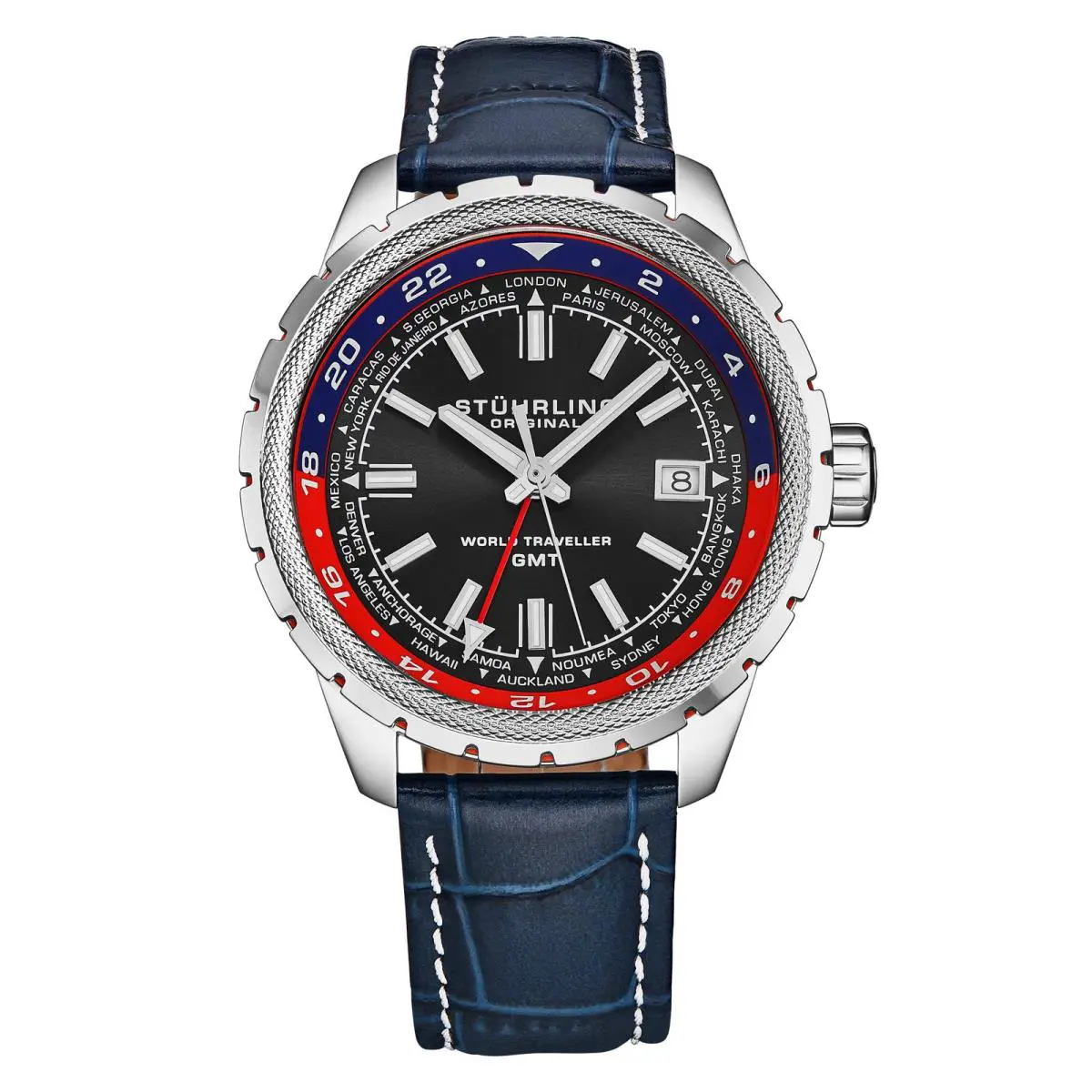 Stuhrling Global Voyager Gmt 42mm World Timer Watch Blue/leather Black Dial Wristwatch 1