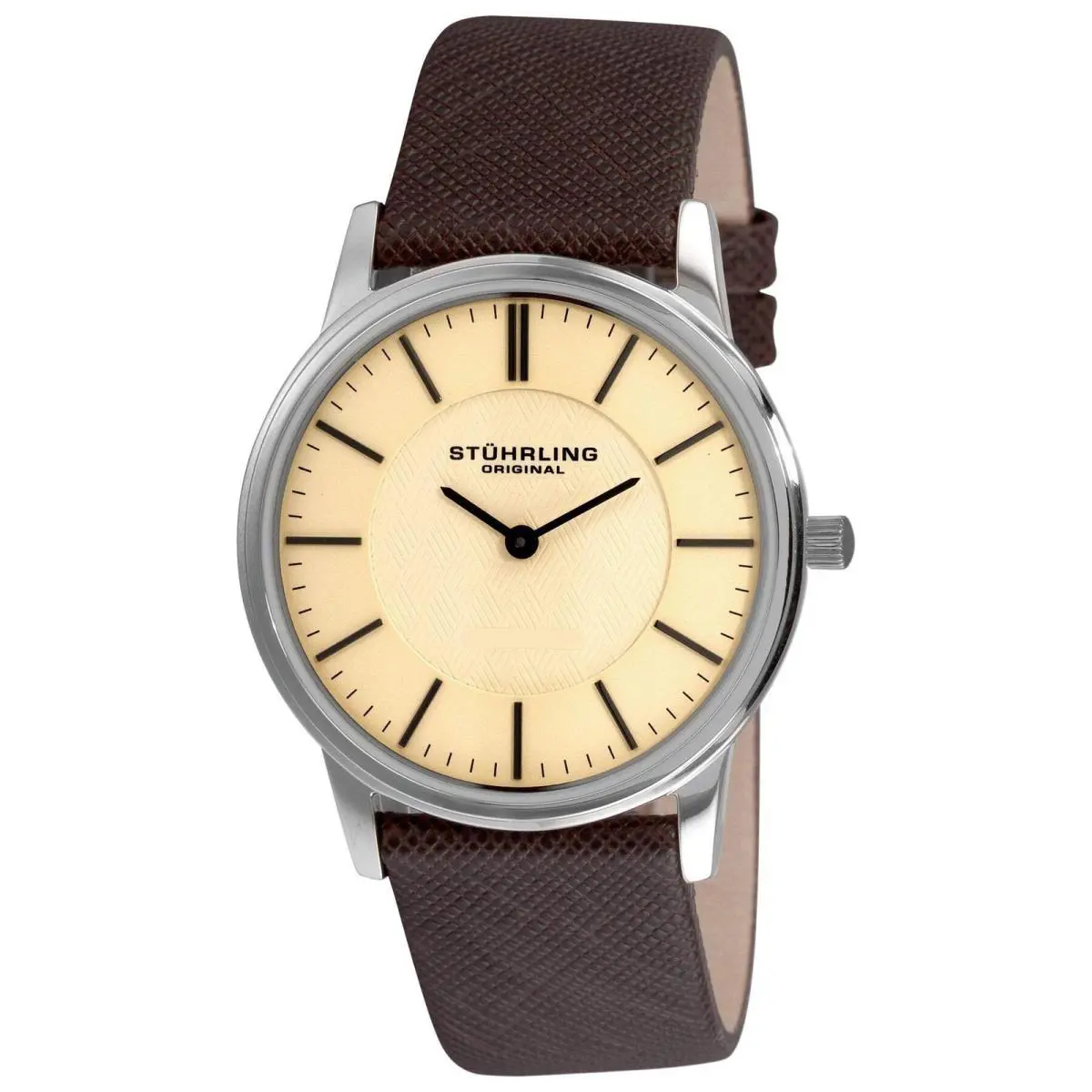 Stuhrling Symphony 238 Silver Case/leather Strap/ Brass Dial Champagne Dial Wristwatch 2