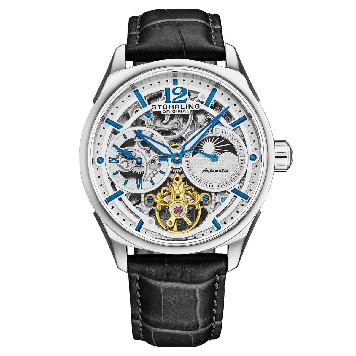 Stuhrling Legacy Automatic Skeleton Silver/ Black Silver / Blue Dial Wristwatch 1019.01