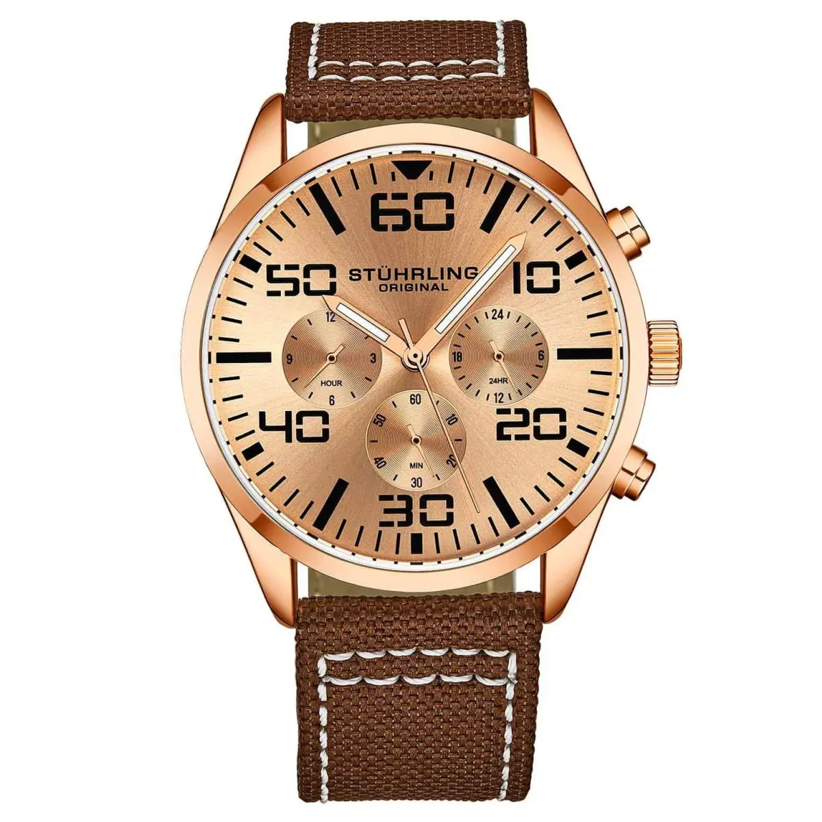 Stuhrling Aviator Rose Dial/ Brown Nylon Rose Gold Dial Wristwatch 4001.5 - Dial: Gold, Band: Brown