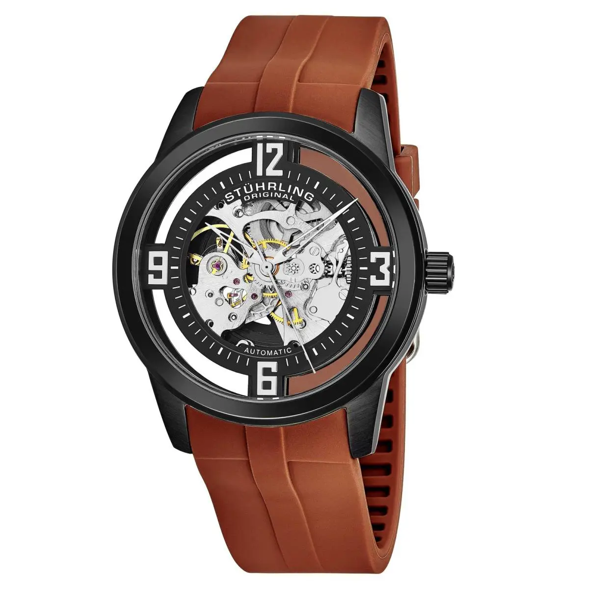 Stuhrling Legacy Brown/black Rubber Black Dial Wristwatch 877C.06 - Dial: Black, Band: Brown