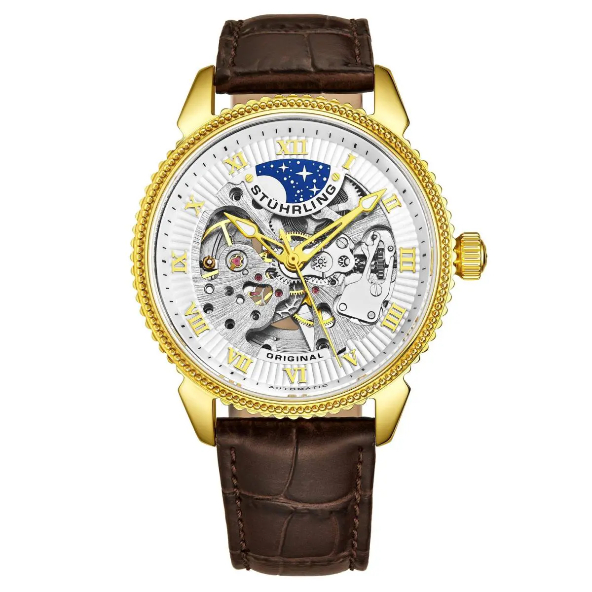 Stuhrling Legacy Brown/leather/white Dial/gold Case 3983.2 White Dial Wristwatch 3983.2