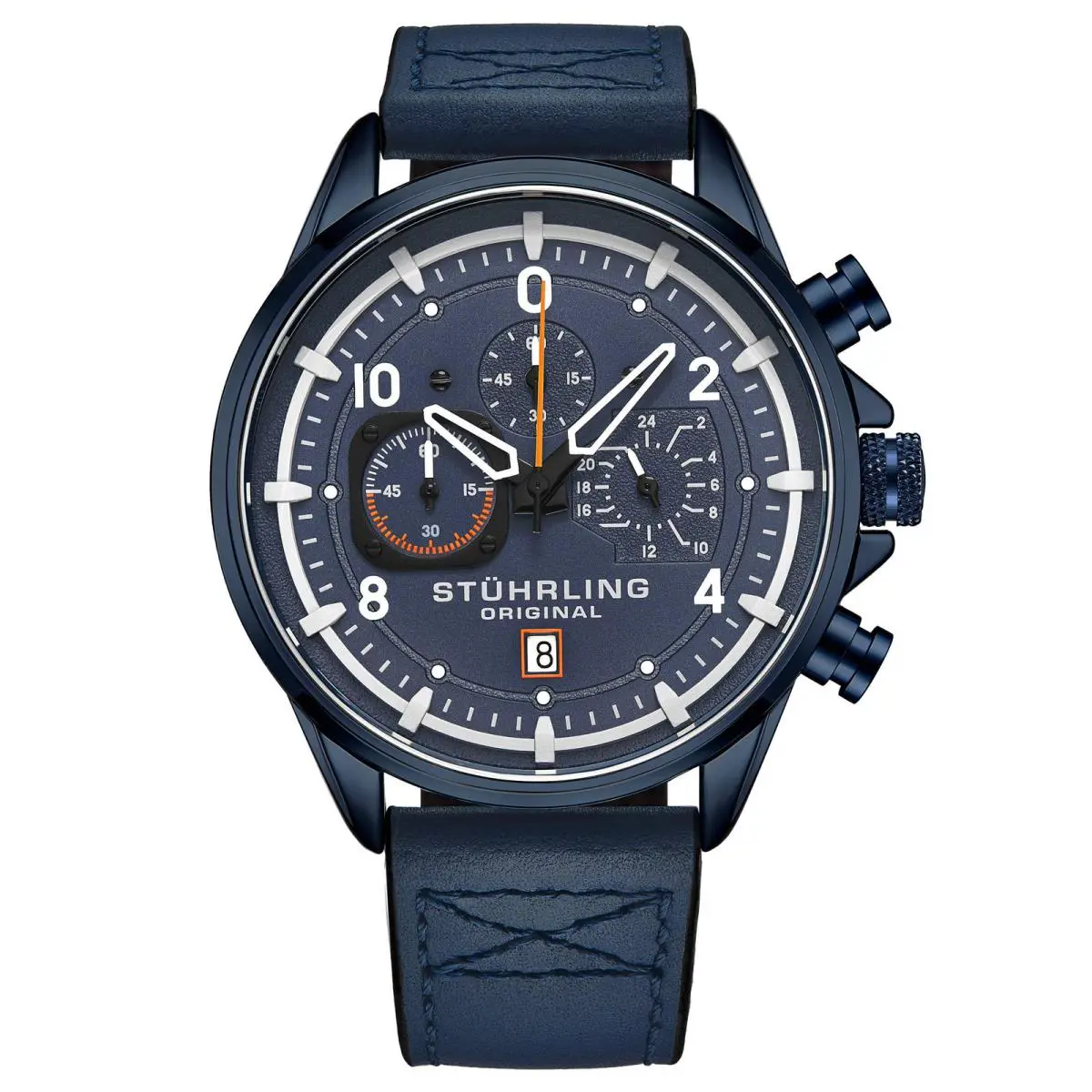 Stuhrling Aviator Watch Blue/leather Blue Dial Wristwatch 929.03