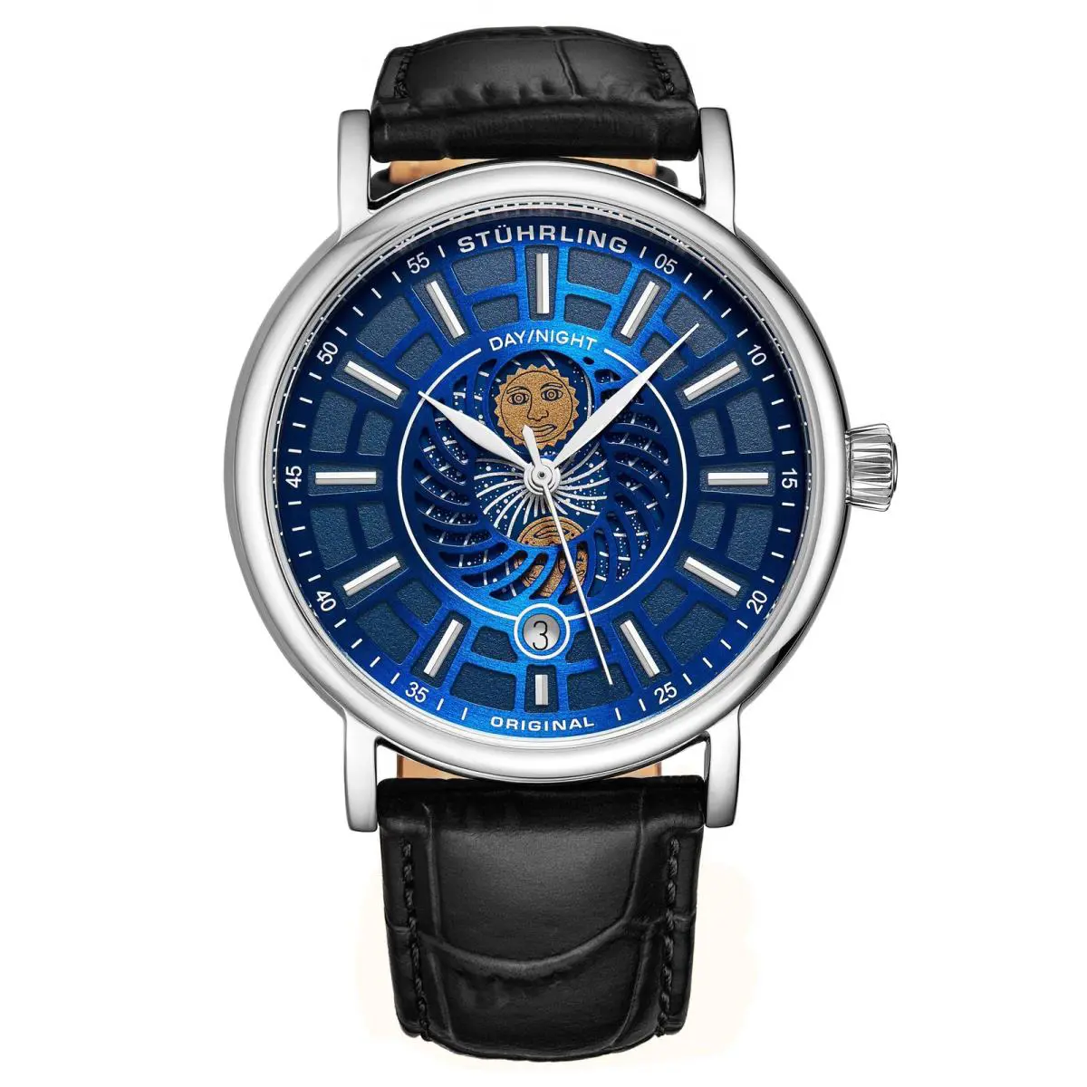 Stuhrling Symphony 899.03 Silver Case/leather Strap/ Brass Dial Blue Dial Wristwatch 899