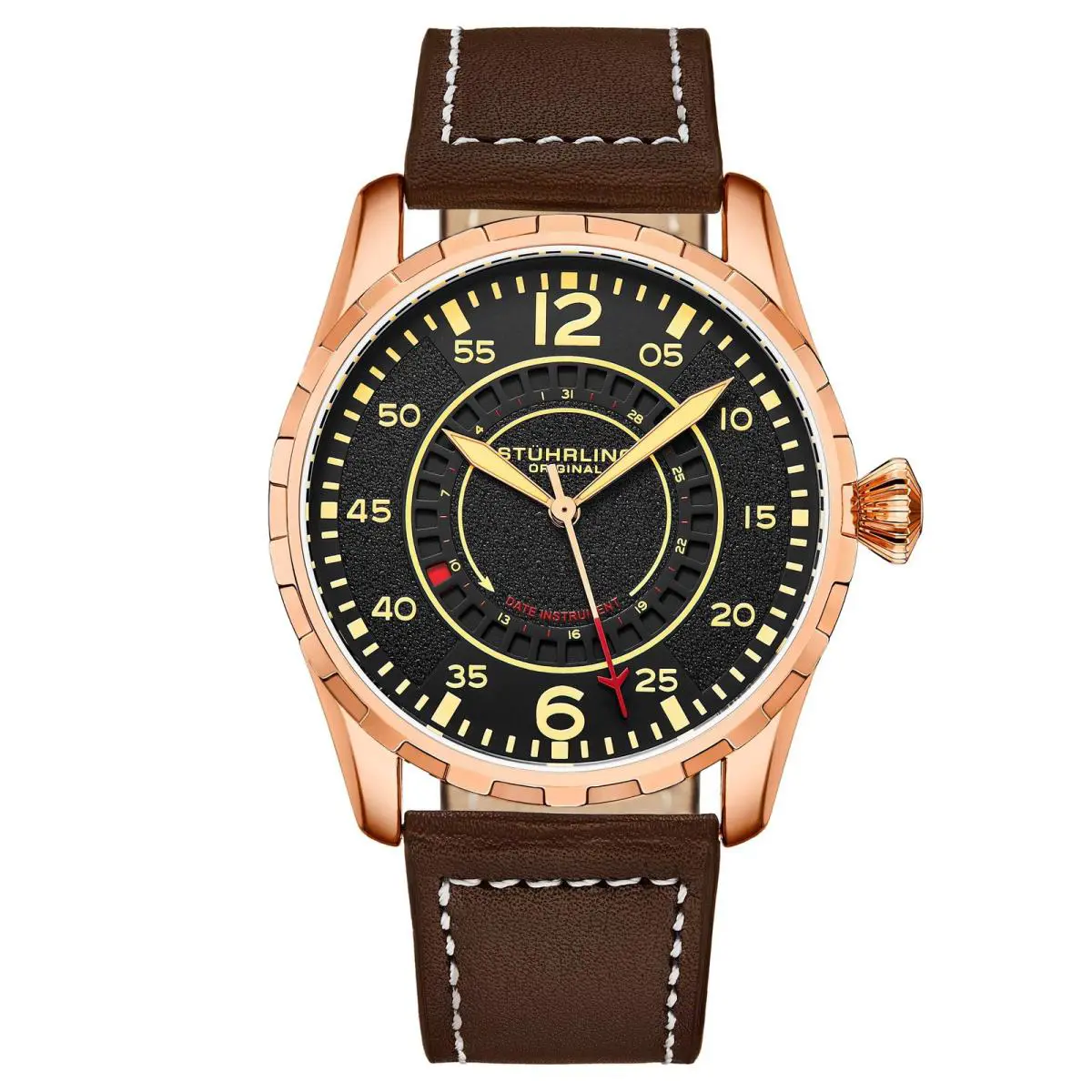 Stuhrling Aviator 4002.5 Rose Gold Case/leather Strap/ Brass Dial Black Dial Wristwatch - Dial: Black, Band: Brown
