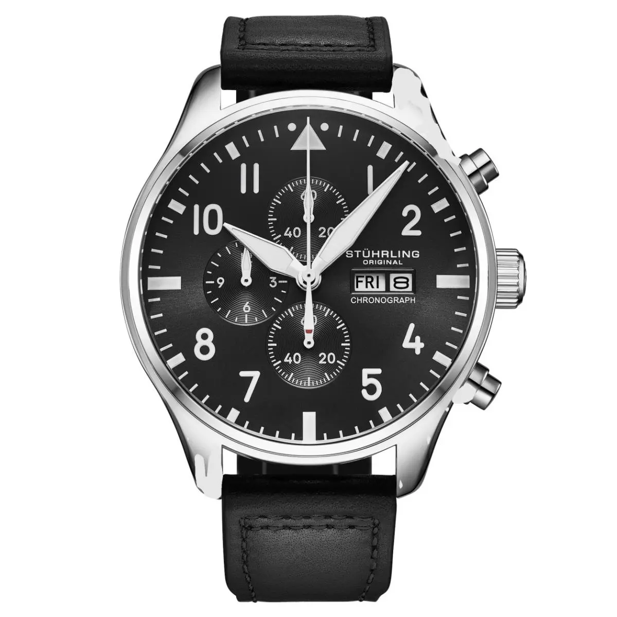 Stuhrling 4075 1 Navigator Quartz Chronograph Date Black Leather Mens Watch