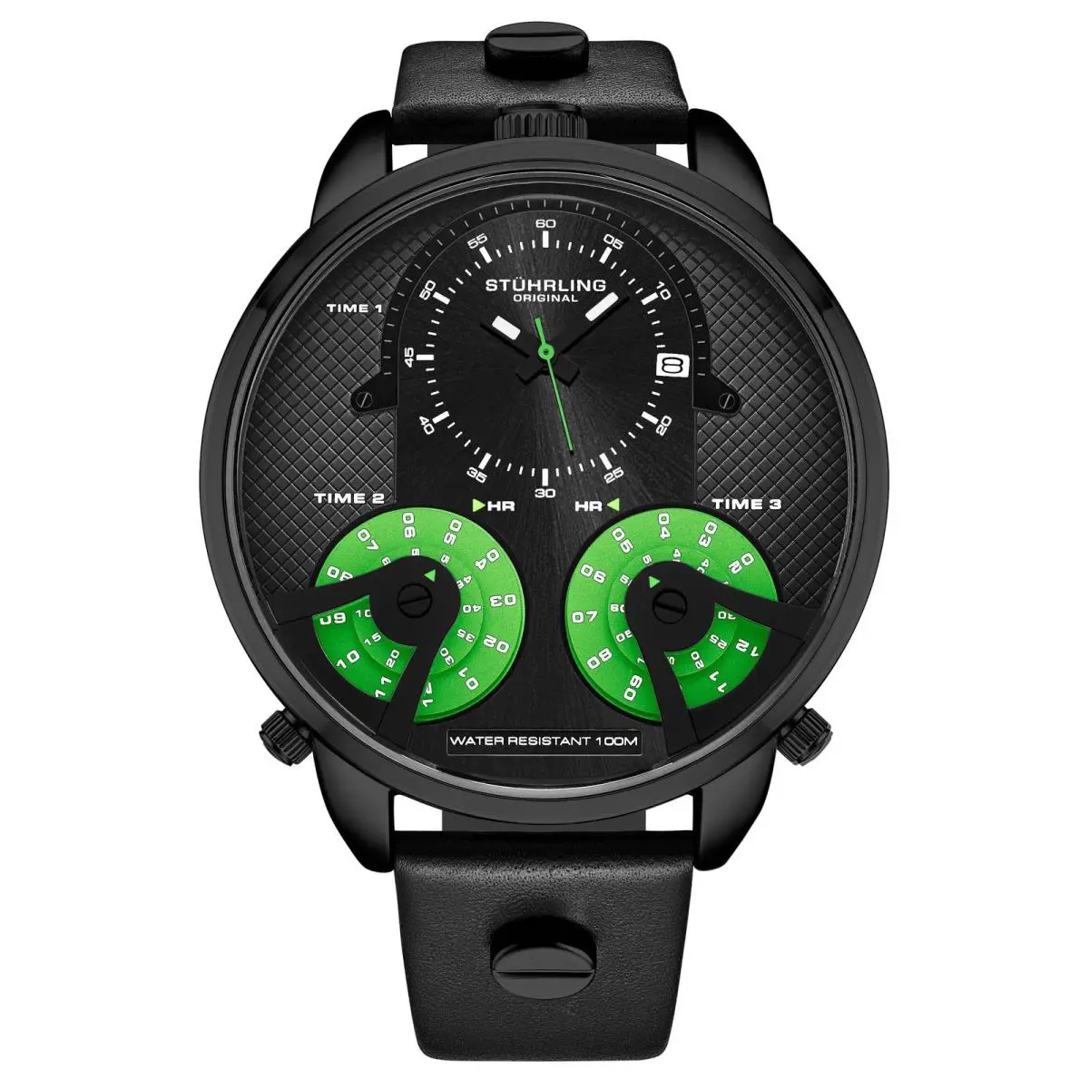 Stuhrling Terratime Triple-time Quartz 50mm Black/green Black Dial Wristwatch 4051.3