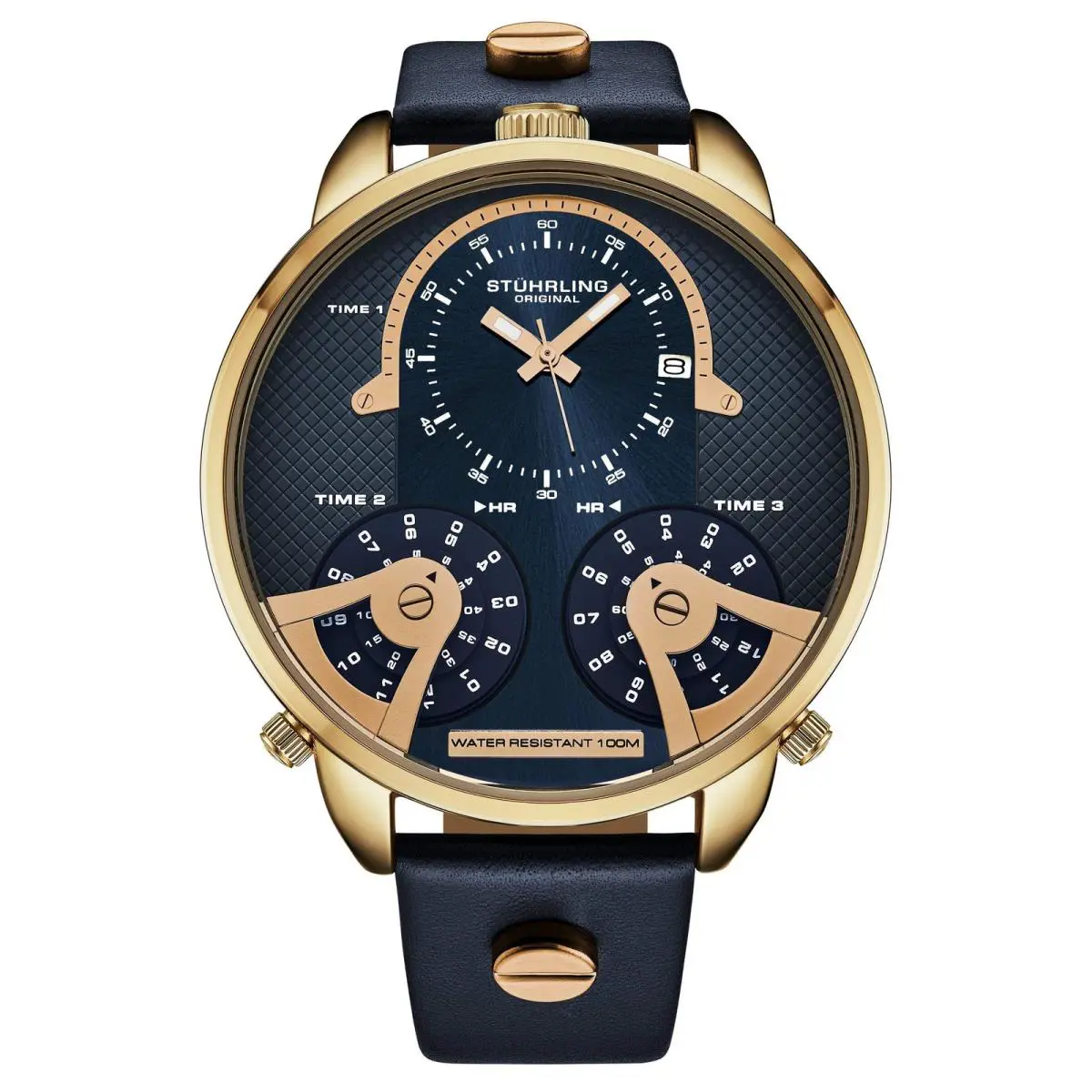 Stuhrling Terratime Triple-time Quartz 50mm Blue/ Rose Gold Blue Dial Wristwatch 4051.2