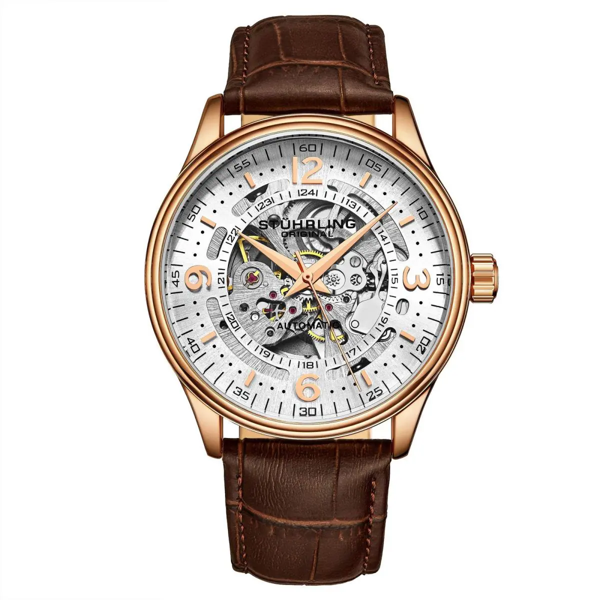Stuhrling Denmark Automatic Skeleton Watch Brown/leather White Dial Wristwatch 3947.5