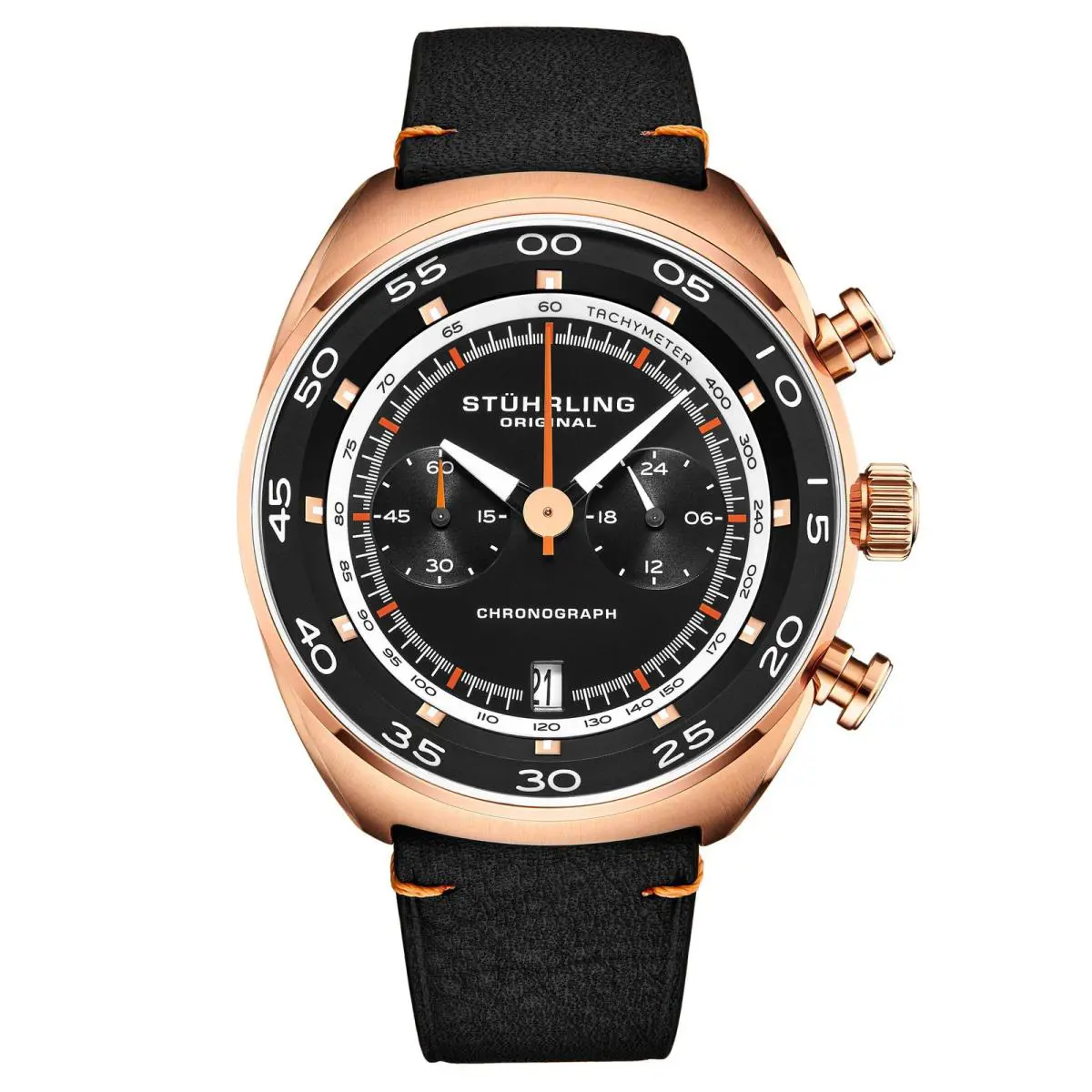 Stuhrling Monaco Black/leather/black Dial/gold Case Black Dial Wristwatch 1000.03