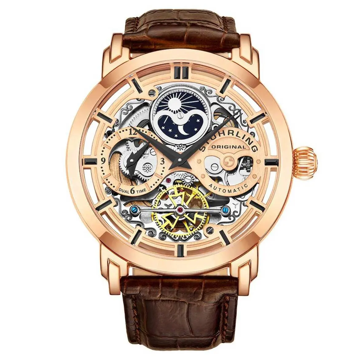 Stuhrling Legacy Rose Gold Dial/ Brown Leather Black Wristwatch 371.03
