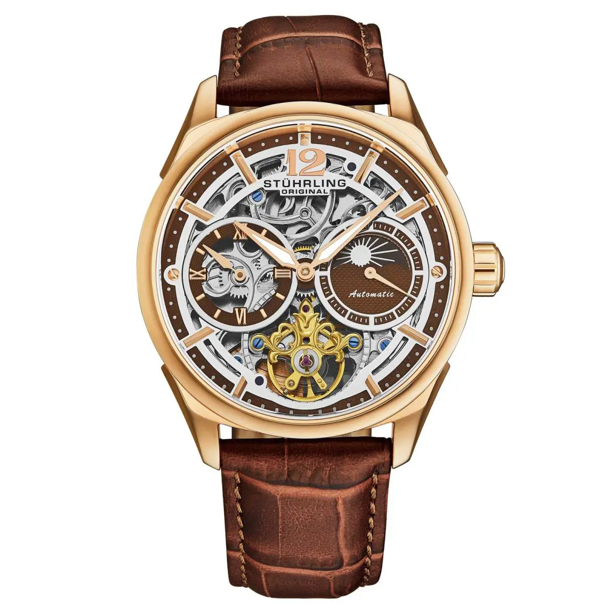 Stuhrling Legacy Automatic Skeleton Rose/ Browm Rose Dial Wristwatch 1019.03 - Dial: Red, Band: Brown