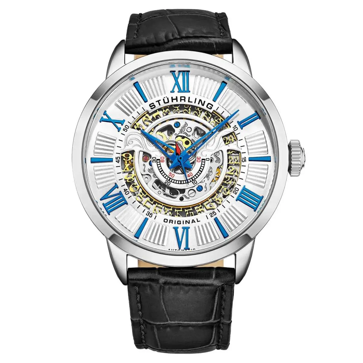 Stuhrling Legacy Silver Dial/ Black Leather Silver Dial Wristwatch 696.01
