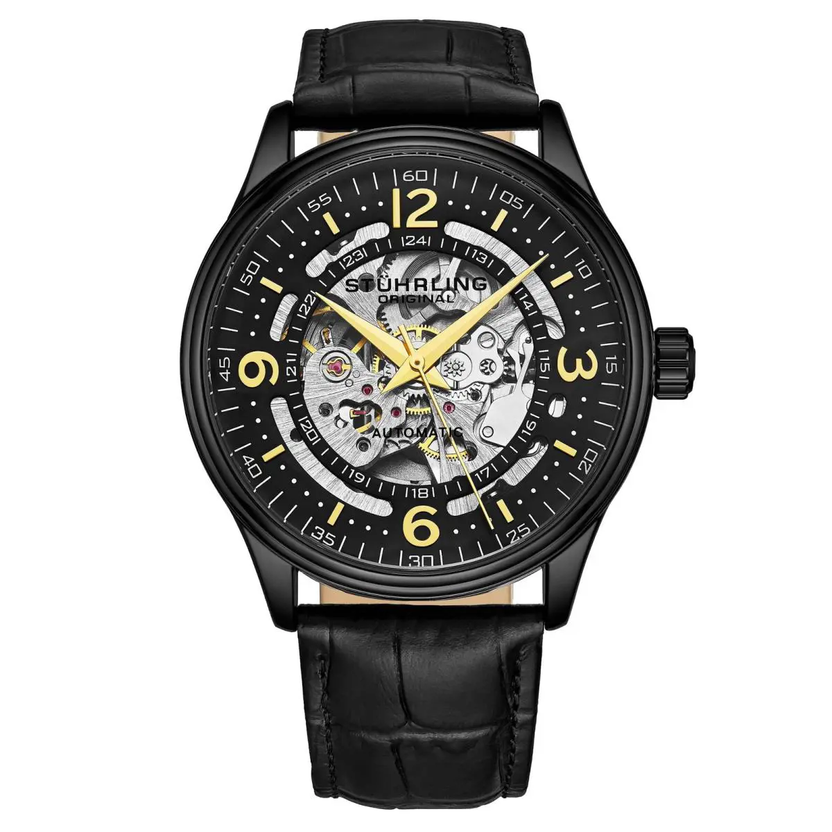 Stuhrling Denmark 3947 Automatic 42mm Skeleton Black Black/leather Black Dial Wristwatch