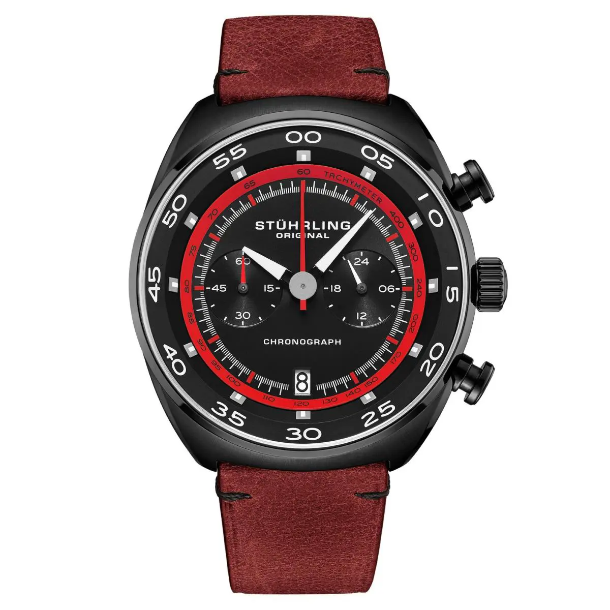 Stuhrling Monaco Red/leather/black Dial/black Case Black Dial Wristwatch 1000.06