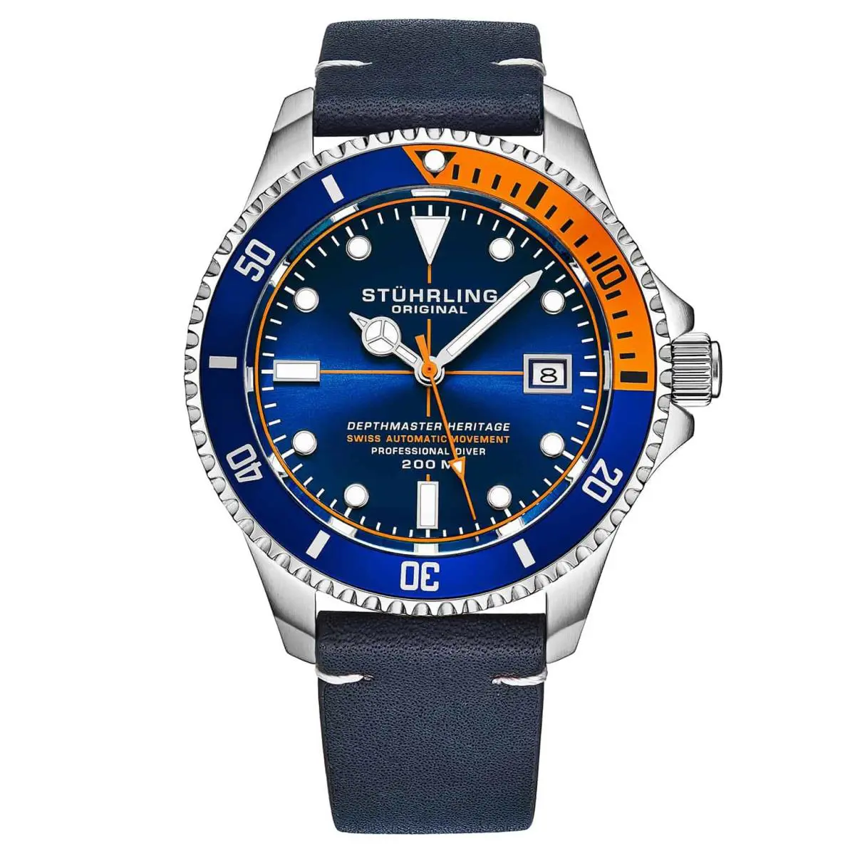 Stuhrling Swiss Automatic Depthmaster Heritage 883H 42mm Diver Blue/leather Blue Dial Wr by Stührling