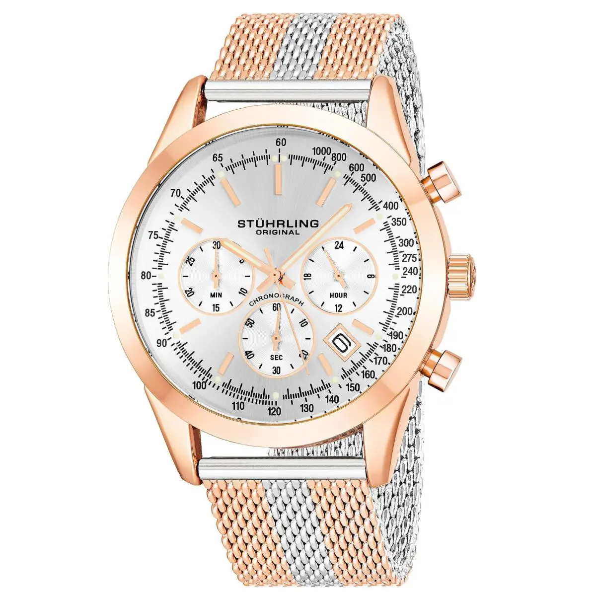 Stuhrling Rialto 3975 Quartz 44mm Chronograph Rose/silver Silver Dial Wristwatch 3975.5