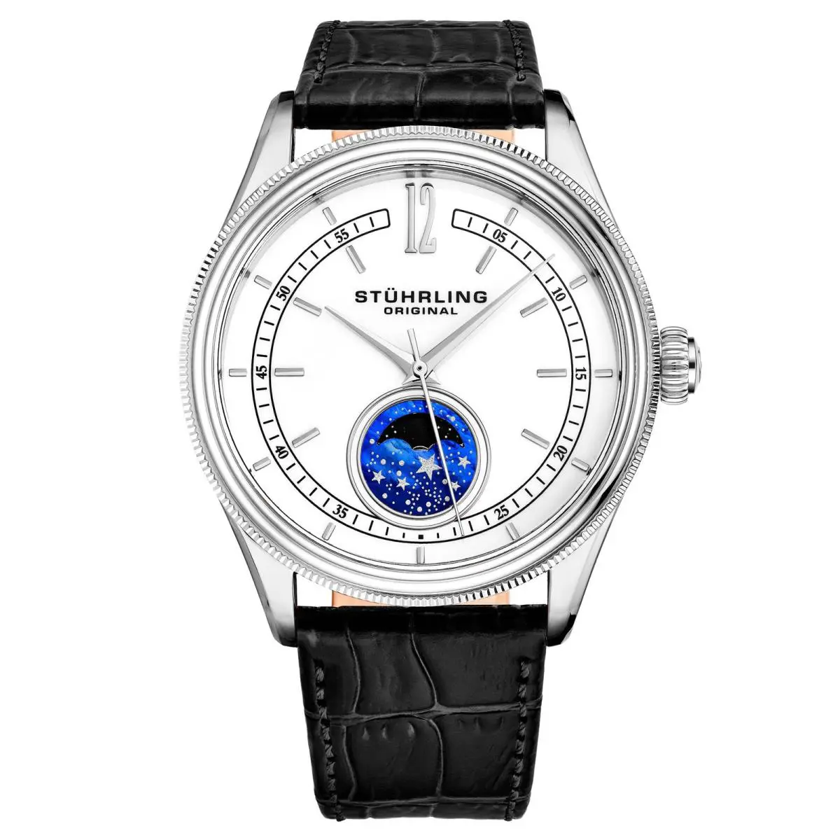 Stuhrling Symphony Black/leather/white Dial/silver Case 897.01 White Dial Wristwatch 897
