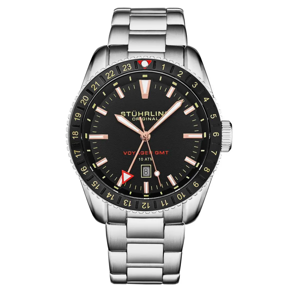 Stuhrling Voyager Gmt 4017 Quartz Gmt 42mm Diver Silver/stainless Steel Black Dial Wrist